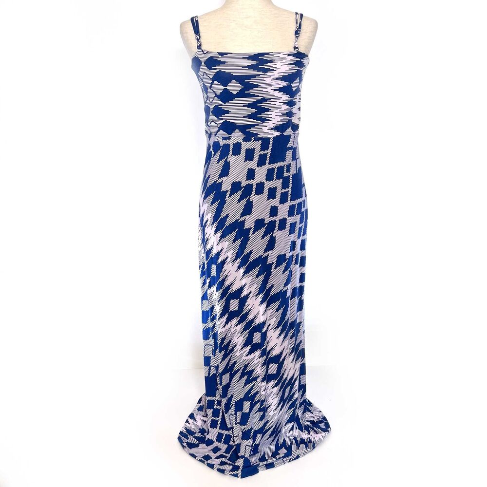 Chico's Sz 1 Jersey Knit Maxi Dress Womens MED Stretch Blue Geo Adjust Straps